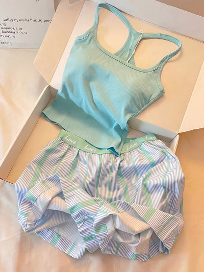 Sin Glee Women's Summer Casual Camisole & Shorts Loungewear Set – Fresh Green, Built-in Bra Pads, Suitable for Wear as Outerwear