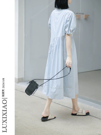 LUXIXIAO dress 2025 new loose slim bubble sleeve design Korean version POLO collar shirt dress female