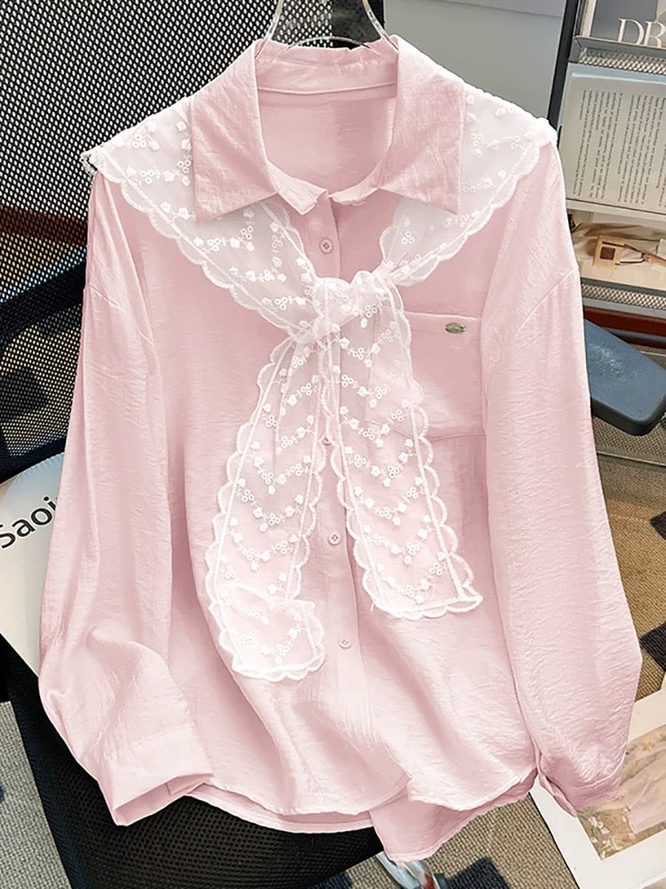 Clearance sale~ Polo collar lace shawl long-sleeved shirt for women 2025 spring new design loose top