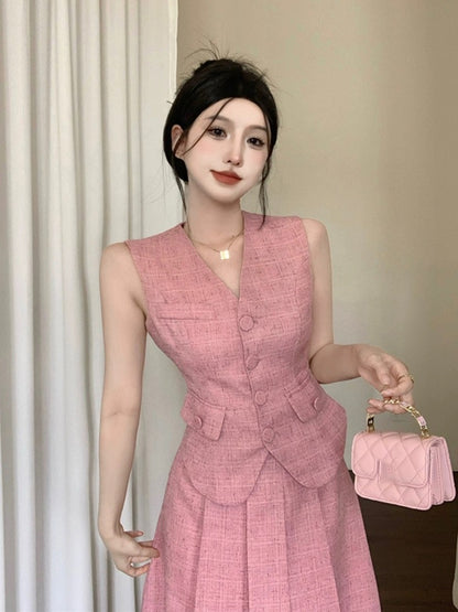 Xiaoxiangfeng suit women's new summer style elegant lady sleeveless single-breasted vest + high-waisted pleated half-length skirt