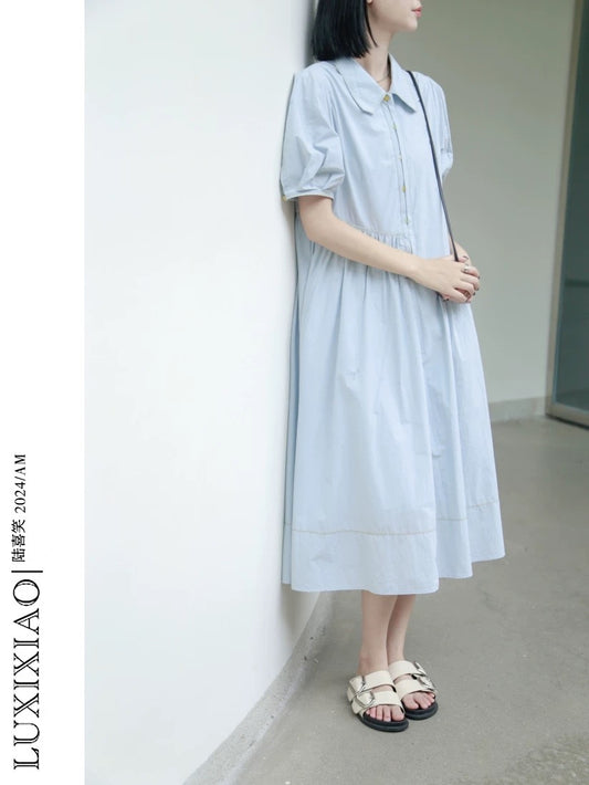 LUXIXIAO dress 2025 new loose slim bubble sleeve design Korean version POLO collar shirt dress female