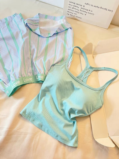 Sin Glee Women's Summer Casual Camisole & Shorts Loungewear Set – Fresh Green, Built-in Bra Pads, Suitable for Wear as Outerwear