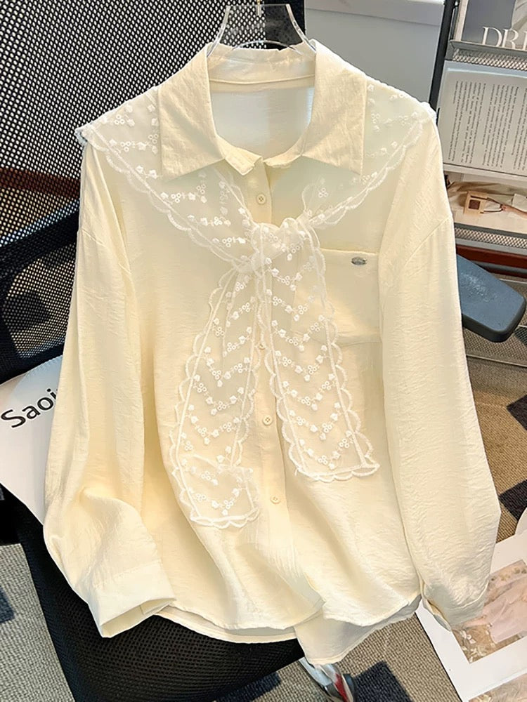 Clearance sale~ Polo collar lace shawl long-sleeved shirt for women 2025 spring new design loose top