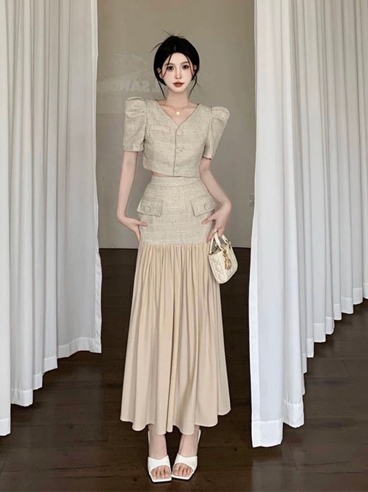 Hong Kong style retro suit for women in summer new style elegant lady puff sleeve top + high waist splicing hip-covering skirt