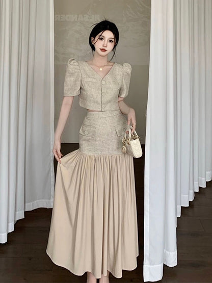 Hong Kong style retro suit for women in summer new style elegant lady puff sleeve top + high waist splicing hip-covering skirt