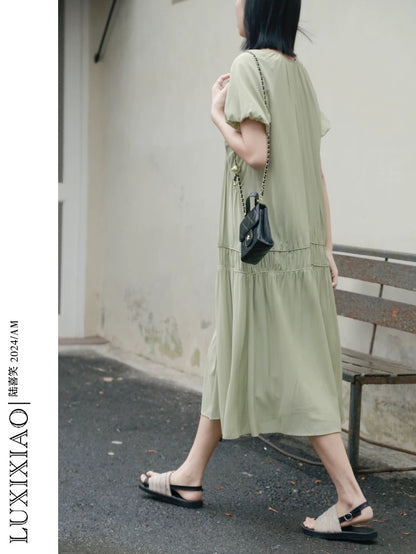 LUXIXIAO dress 2025 new loose puff sleeves V-neck design long skirt Korean version A-line skirt female summer
