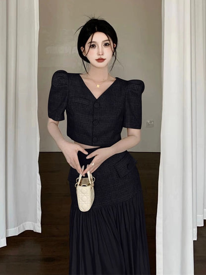 Hong Kong style retro suit for women in summer new style elegant lady puff sleeve top + high waist splicing hip-covering skirt