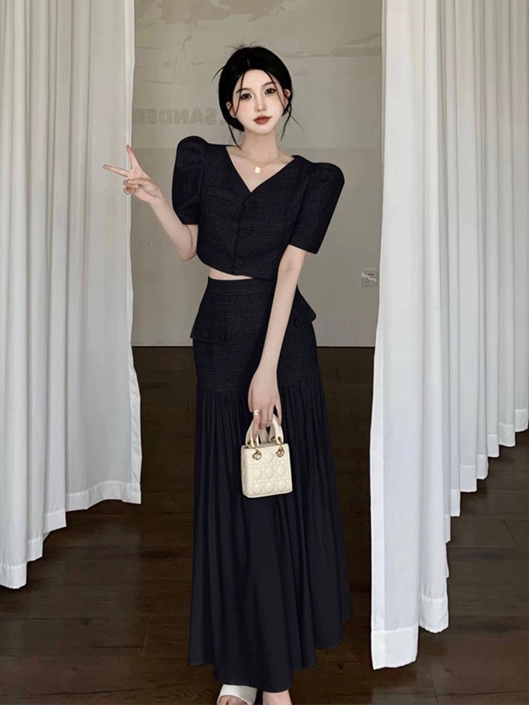 Hong Kong style retro suit for women in summer new style elegant lady puff sleeve top + high waist splicing hip-covering skirt
