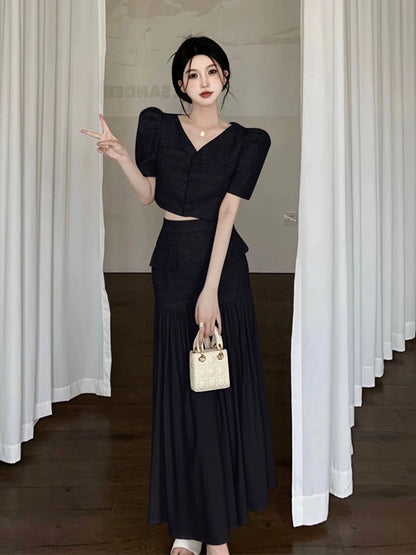 Hong Kong style retro suit for women in summer new style elegant lady puff sleeve top + high waist splicing hip-covering skirt