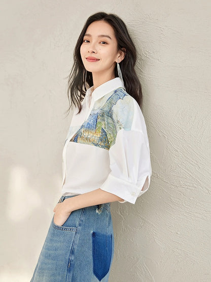 Vincent Van Gogh co-branded dialogue positioning printed shirt women's 2024 summer new design short-sleeved top