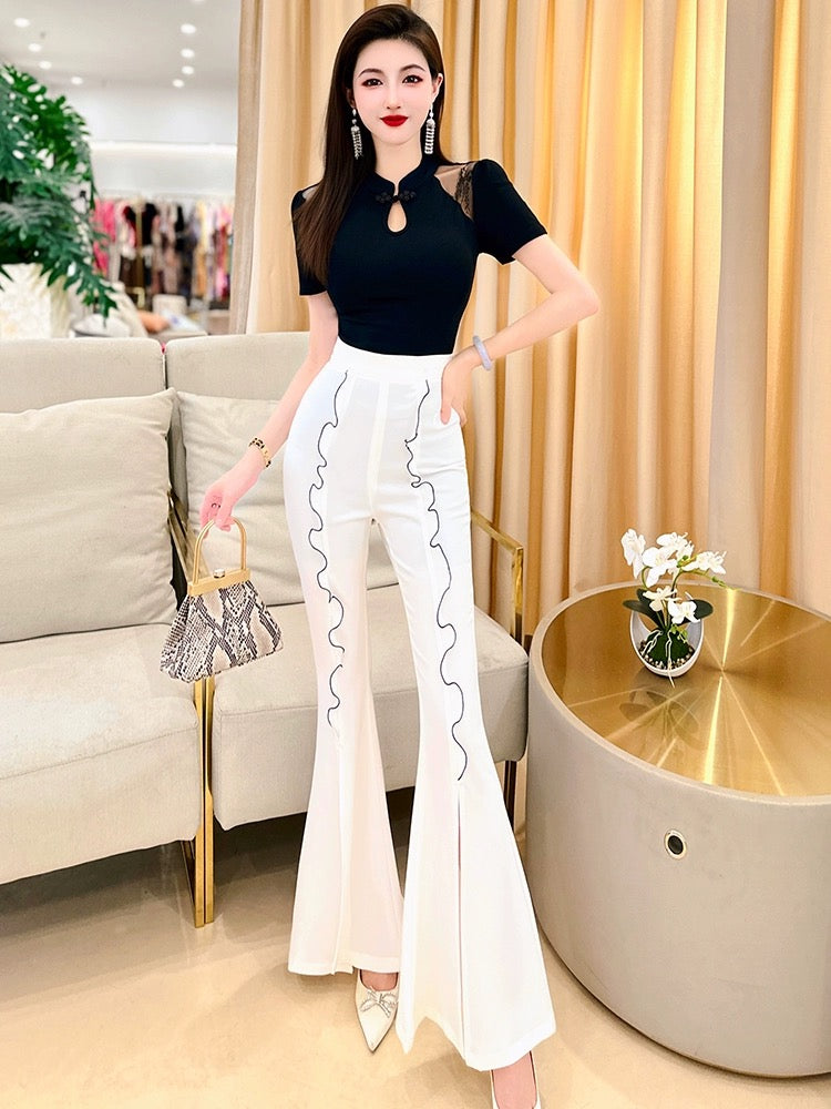 Feijie custom-made fashionable contrasting color splicing ruffled high-waisted slit flared pants for women summer new slim long pants