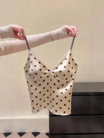 New style polka dot camisole top, export label cut, chic, youthful, and gentle.