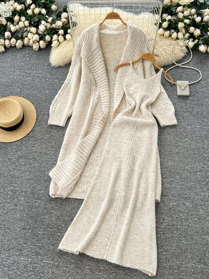 Lazy style loose large lapel mid-length knitted cardigan coat women's autumn waist suspender sweater dress