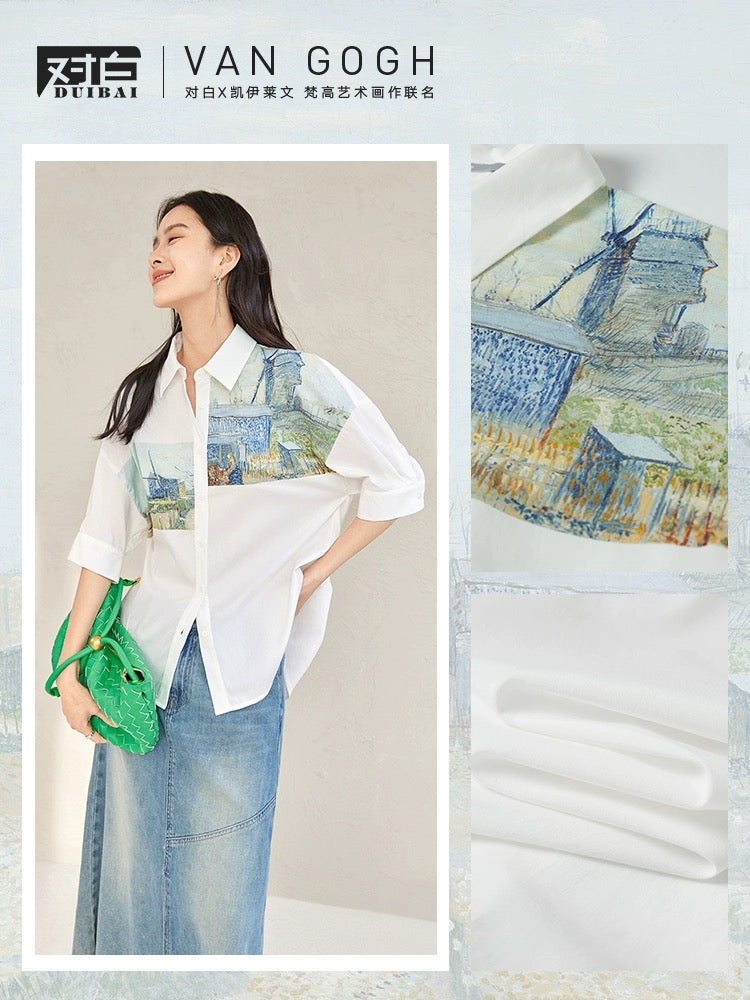 Vincent Van Gogh co-branded dialogue positioning printed shirt women's 2024 summer new design short-sleeved top