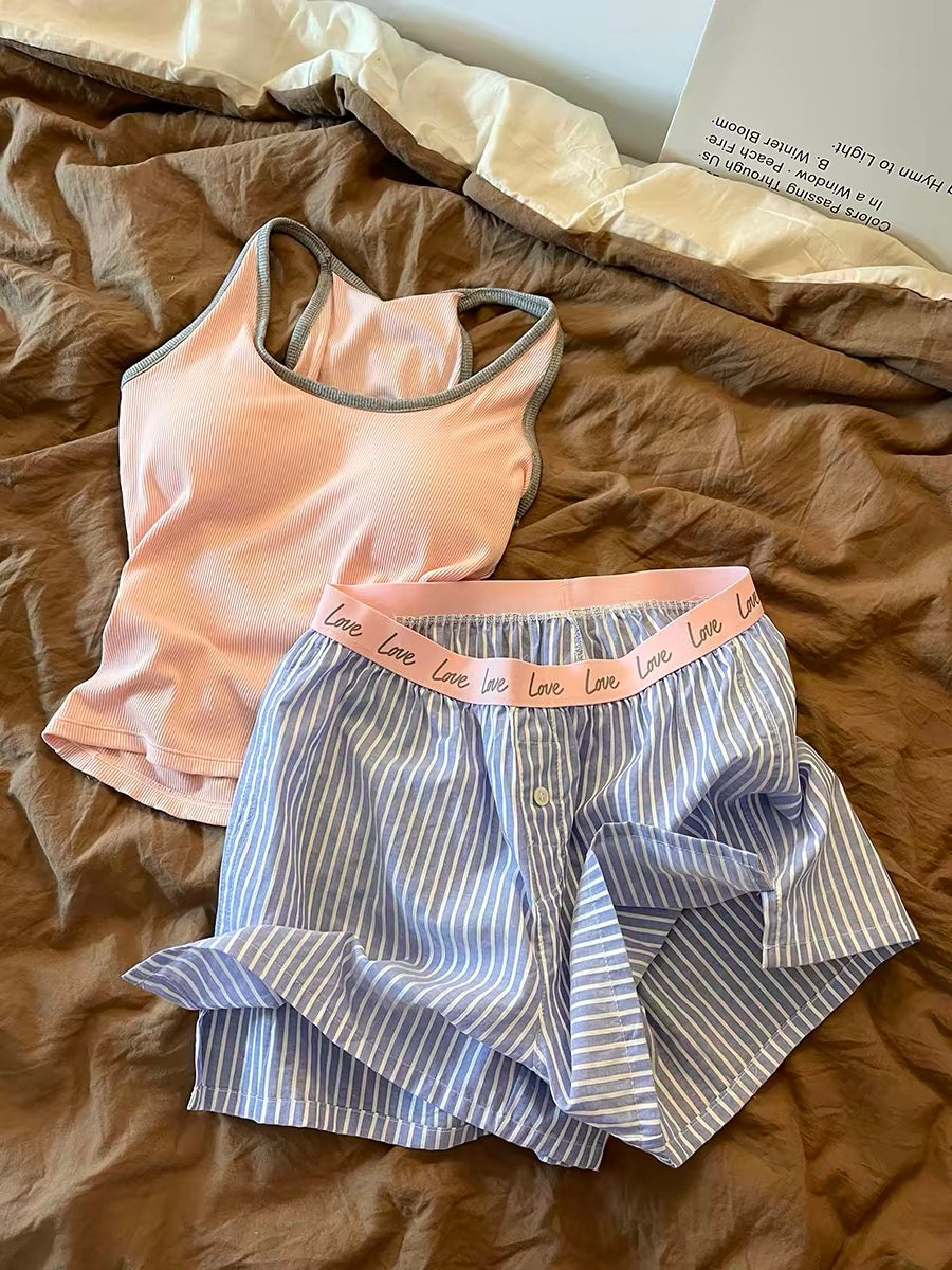 Sin Glee Women's Casual Striped Camisole & Shorts Loungewear Set – Summer Style with Color-Block Details and Built-in Bra Pads