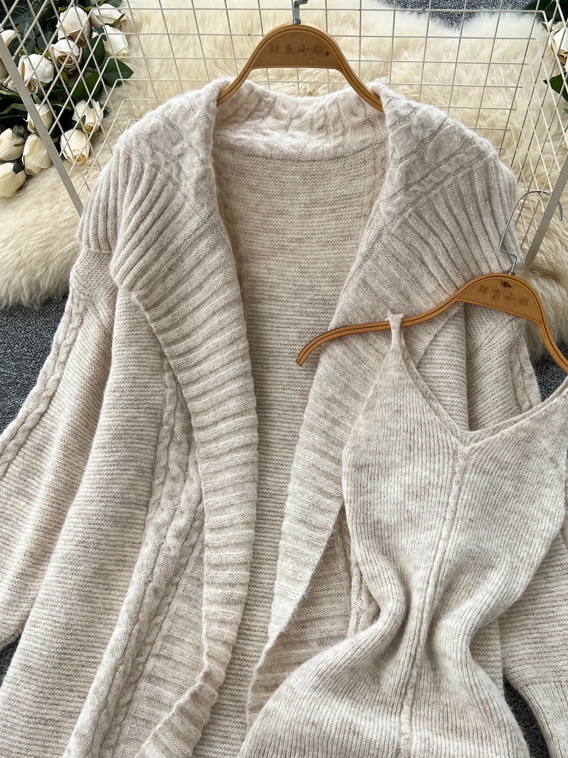 Lazy style loose large lapel mid-length knitted cardigan coat women's autumn waist suspender sweater dress