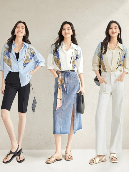 Vincent Van Gogh co-branded dialogue literary print short-sleeved shirt for women summer 2024 new loose casual top