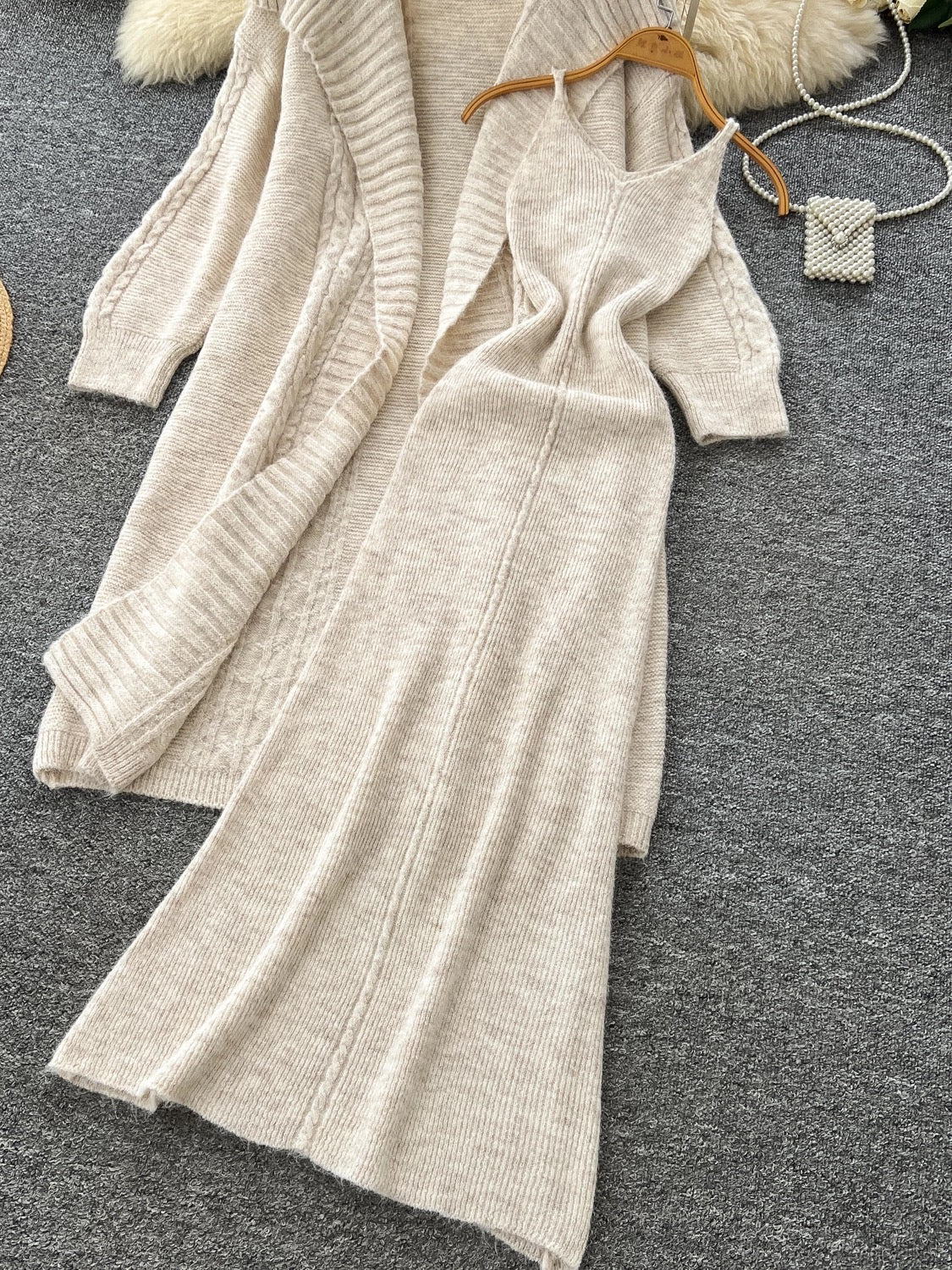 Lazy style loose large lapel mid-length knitted cardigan coat women's autumn waist suspender sweater dress