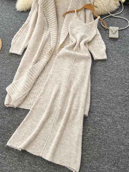 Lazy style loose large lapel mid-length knitted cardigan coat women's autumn waist suspender sweater dress
