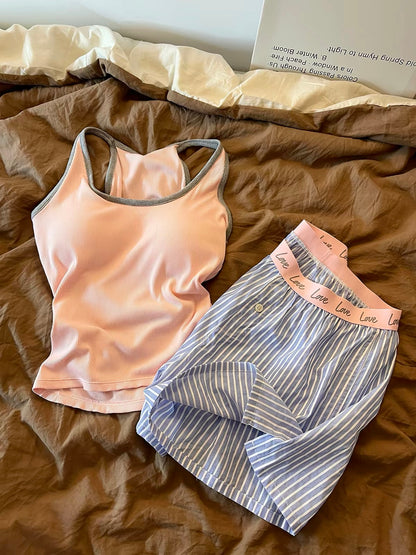 Sin Glee Women's Casual Striped Camisole & Shorts Loungewear Set – Summer Style with Color-Block Details and Built-in Bra Pads