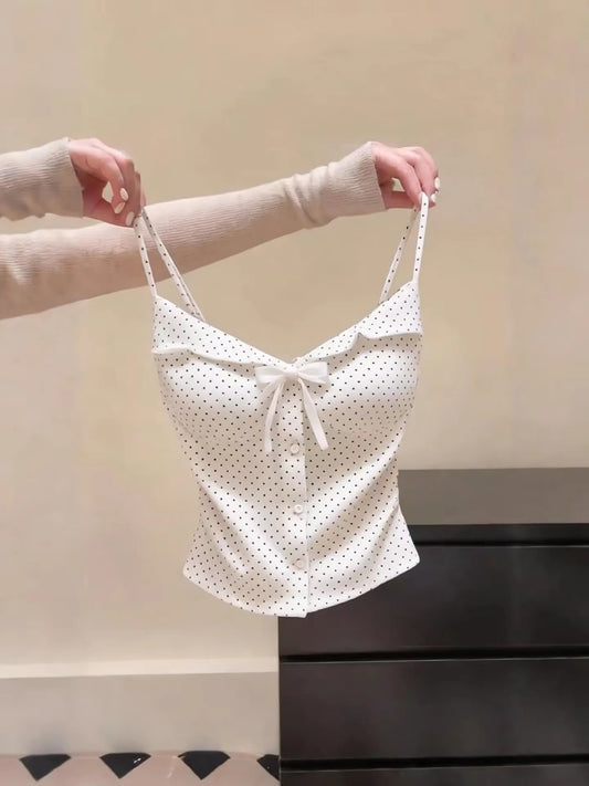 Export label cut-out polka dot bow camisole with bra pads, slim waist, single-breasted design.