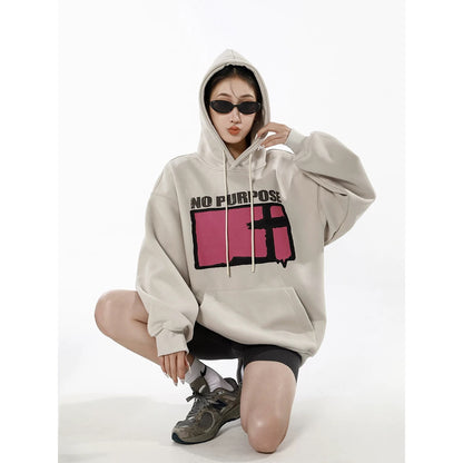 ICH MODE American style trendy pullover top with washed letters, spring, autumn and winter velvet loose hooded sweatshirt for women