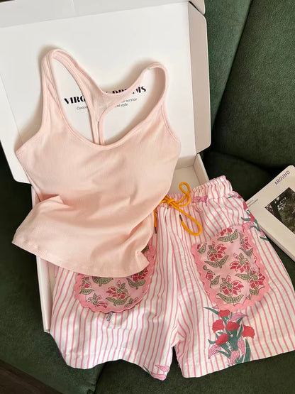 Sin Glee Women's Sweet Pink Floral & Striped Camisole Pajama Set with Built-in Pads – Summer Shorts Loungewear