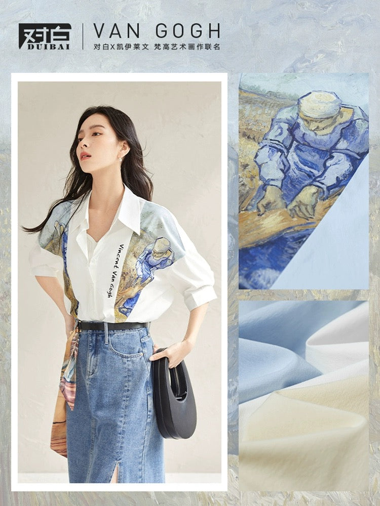 Vincent Van Gogh co-branded dialogue literary print short-sleeved shirt for women summer 2024 new loose casual top