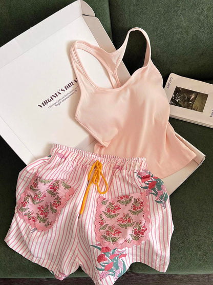 Sin Glee Women's Sweet Pink Floral & Striped Camisole Pajama Set with Built-in Pads – Summer Shorts Loungewear