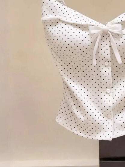 Export label cut-out polka dot bow camisole with bra pads, slim waist, single-breasted design.