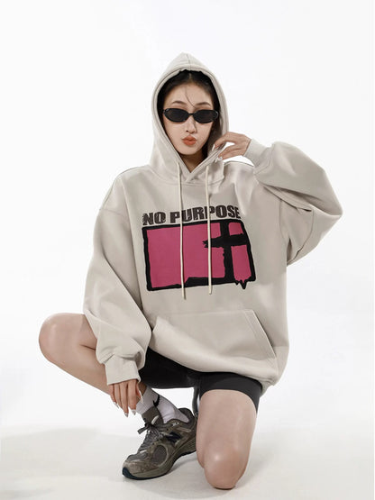ICH MODE American style trendy pullover top with washed letters, spring, autumn and winter velvet loose hooded sweatshirt for women