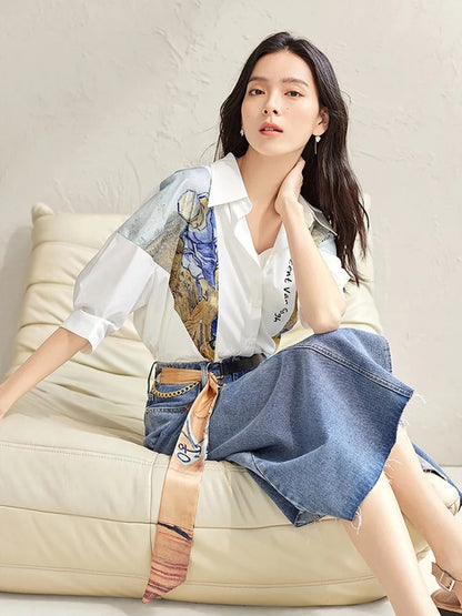 Vincent Van Gogh co-branded dialogue literary print short-sleeved shirt for women summer 2024 new loose casual top