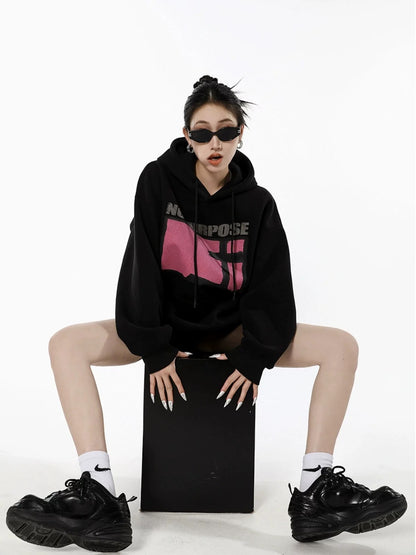 ICH MODE American style trendy pullover top with washed letters, spring, autumn and winter velvet loose hooded sweatshirt for women