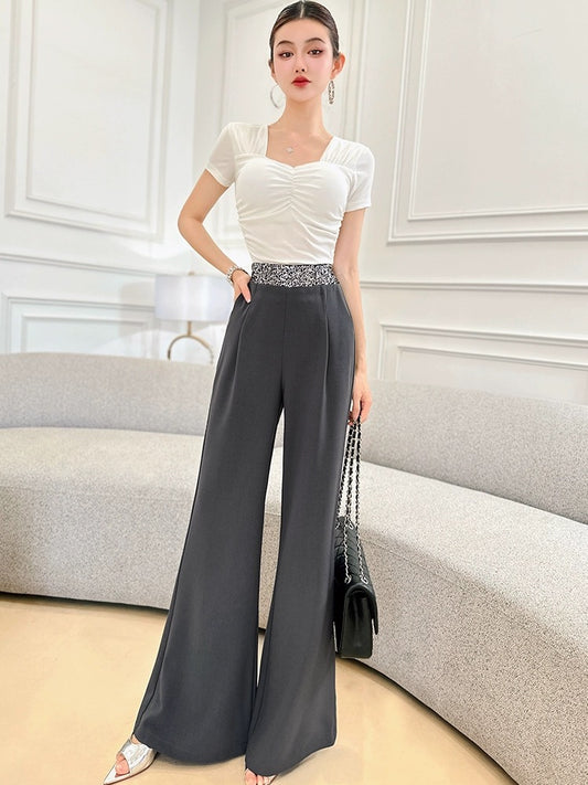 Feijie customized sequin splicing suit trousers for women summer new high-waisted slim casual casual drape slightly flared trousers