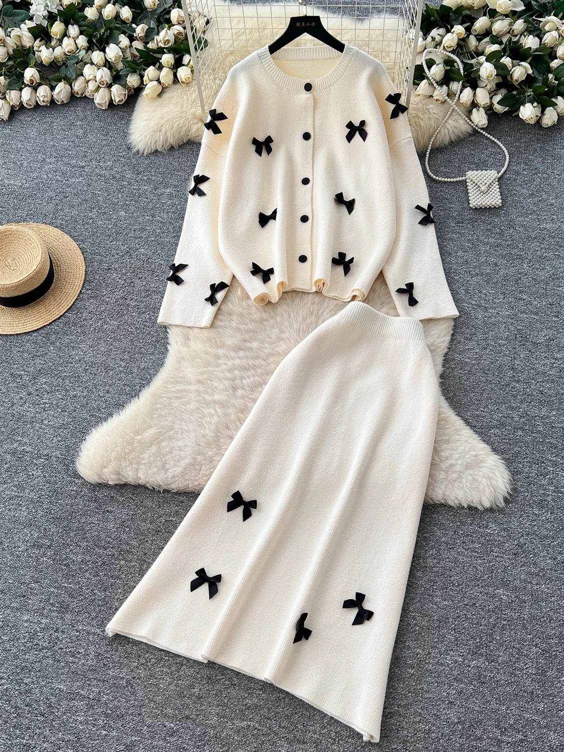 High-end sweater two-piece suit for women autumn and winter lazy style loose casual bow long-sleeved knitted top skirt