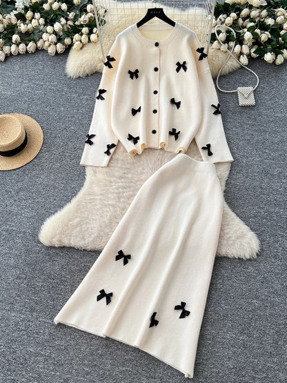 High-end sweater two-piece suit for women autumn and winter lazy style loose casual bow long-sleeved knitted top skirt