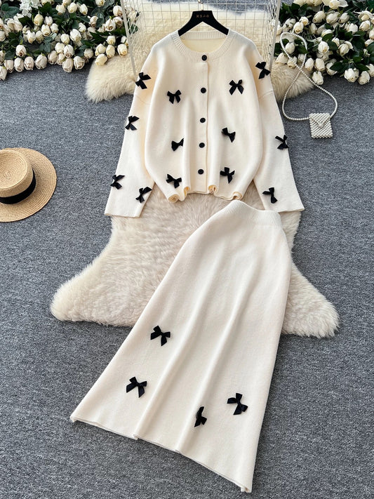 High-end sweater two-piece suit for women autumn and winter lazy style loose casual bow long-sleeved knitted top skirt