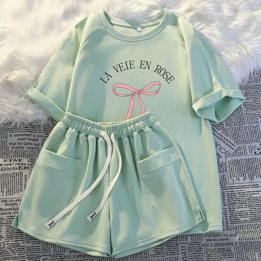 Short-sleeved shorts casual two-piece suit for women summer new thin fashionable age-reducing small man running sportswear loose