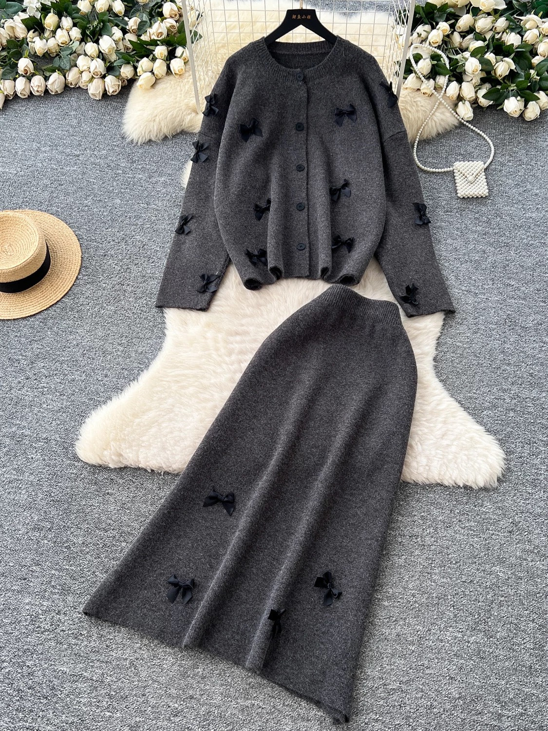 High-end sweater two-piece suit for women autumn and winter lazy style loose casual bow long-sleeved knitted top skirt