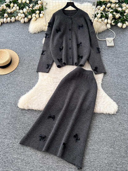 High-end sweater two-piece suit for women autumn and winter lazy style loose casual bow long-sleeved knitted top skirt