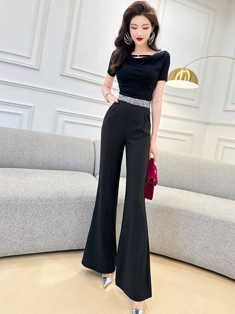 Feijie customized sequin splicing suit trousers for women summer new high-waisted slim casual casual drape slightly flared trousers