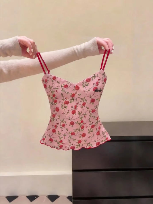 Foreign trade counter export cut label niche design pink floral camisole women's spring and summer new slim fit short top