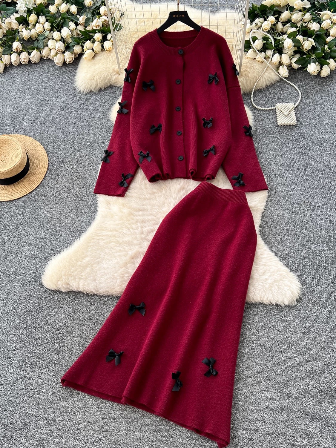 High-end sweater two-piece suit for women autumn and winter lazy style loose casual bow long-sleeved knitted top skirt