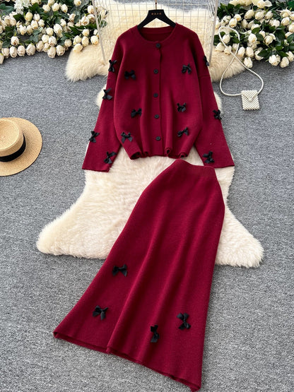 High-end sweater two-piece suit for women autumn and winter lazy style loose casual bow long-sleeved knitted top skirt