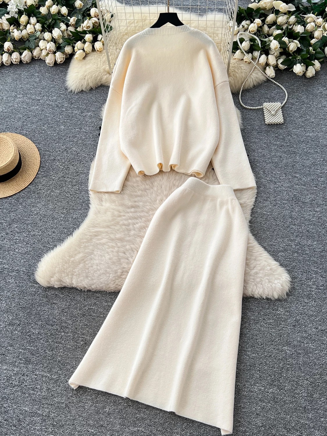High-end sweater two-piece suit for women autumn and winter lazy style loose casual bow long-sleeved knitted top skirt