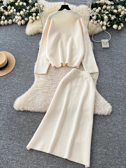 High-end sweater two-piece suit for women autumn and winter lazy style loose casual bow long-sleeved knitted top skirt