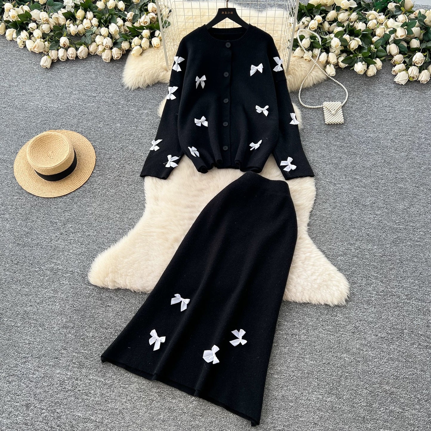 High-end sweater two-piece suit for women autumn and winter lazy style loose casual bow long-sleeved knitted top skirt