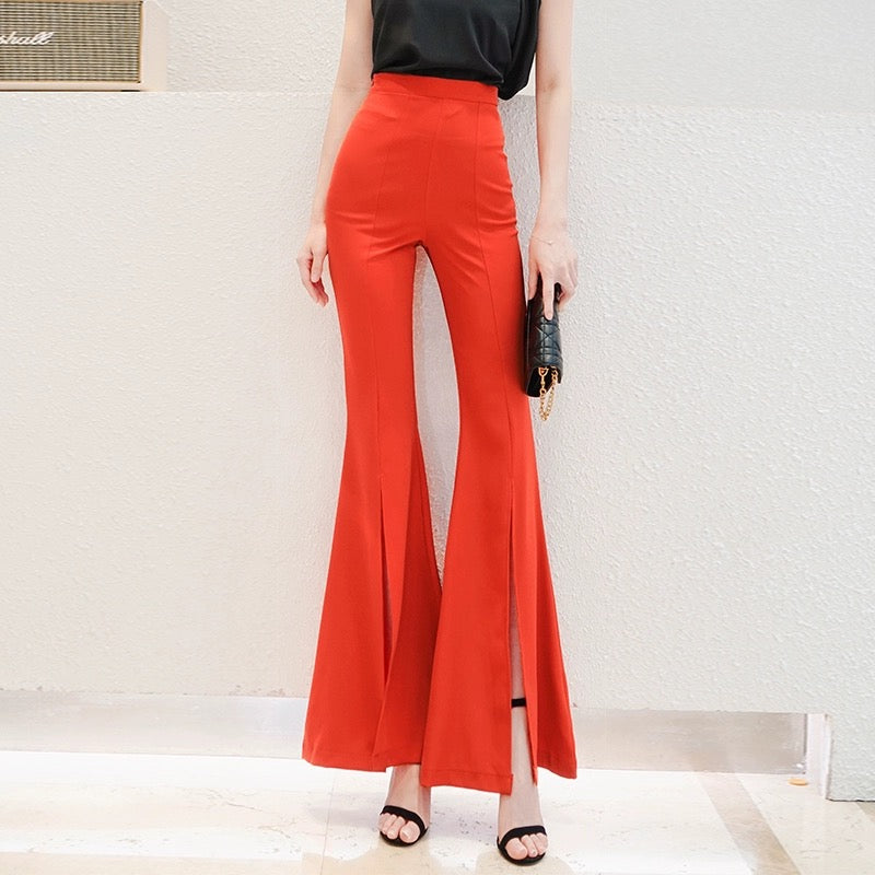 Fashionable and Western Style Drapey Slit Flare Pants Women's Spring Clothes 2024 New Korean Style High Waist Slim Slim Casual Pants