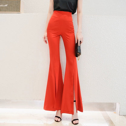 Fashionable and Western Style Drapey Slit Flare Pants Women's Spring Clothes 2024 New Korean Style High Waist Slim Slim Casual Pants