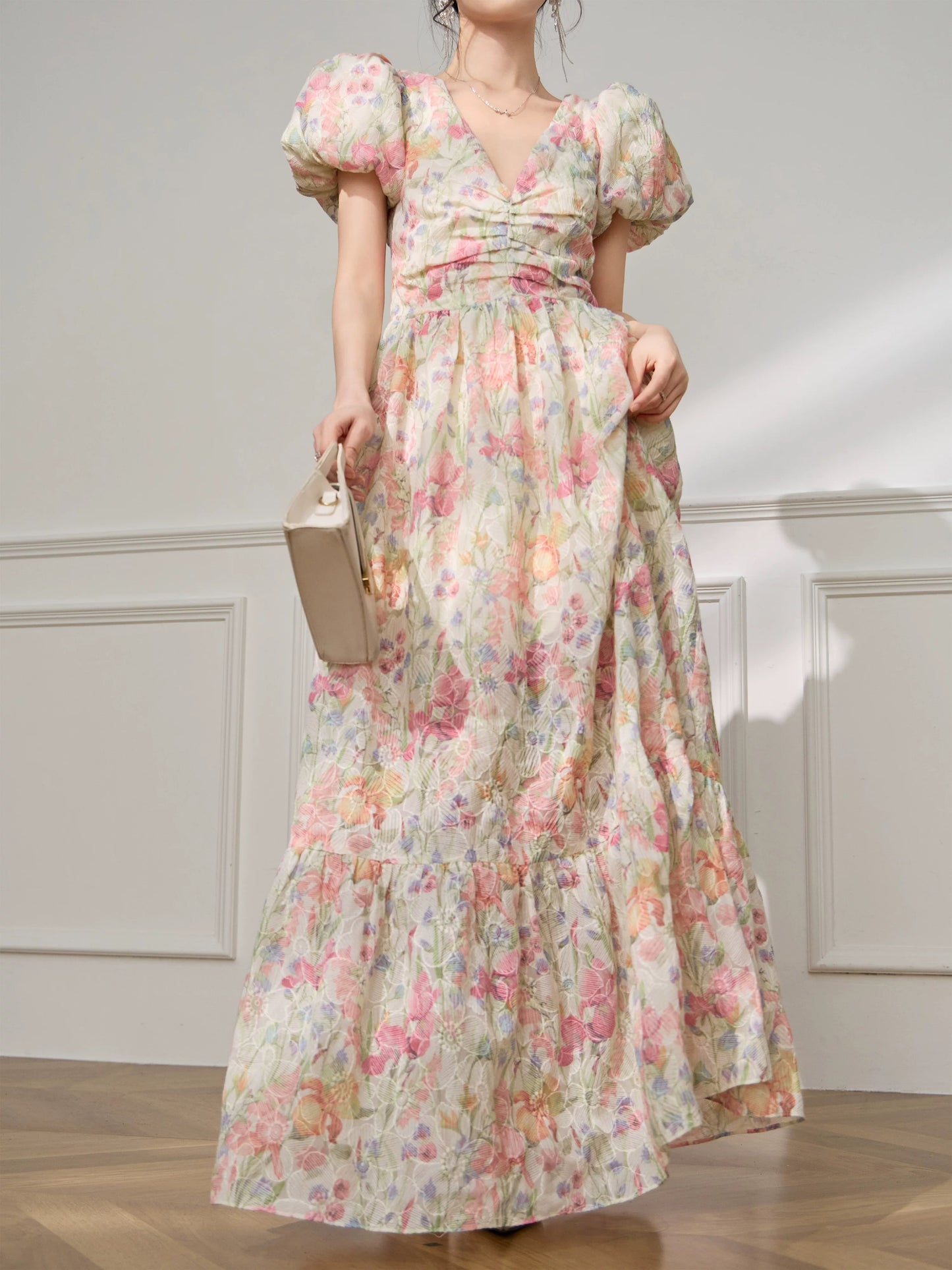 Plum Jan/May Day travel outfit three-dimensional pleated bubble sleeve floral dress new tea dress